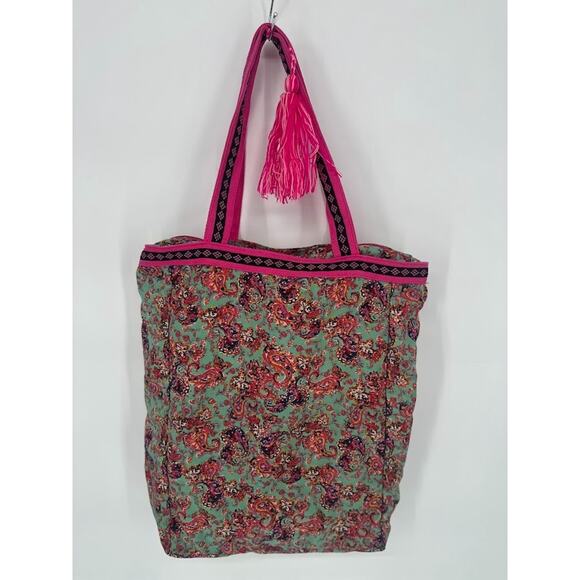 America & Beyond Floral Boho Shoulder Zip Tote Bag Purse Green Pink - Picture 5 of 10